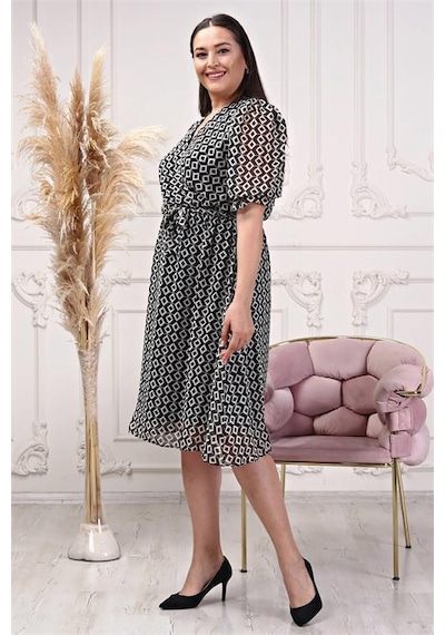 Dip Moda Kadın Kruvaze Yaka Büyük Beden Elbise Dpnb80622 Siyah