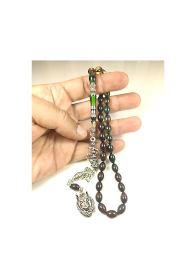 İskeçe Tesbih Exclusive 925 Ayar Gümüş Nakkaş İp Yolu Eskitme Eski Usul Multi Color Sıkma Kehribar Sertifikalı 6153