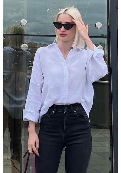 Madmext Beyaz Muslin Kumaş Basic Kadın Gömlek Mg1660 Beyaz