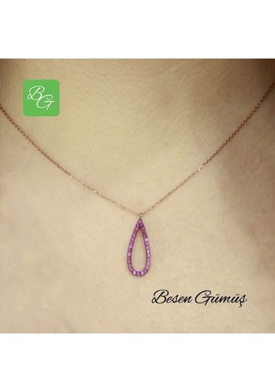 Pembe Taşlı İçi Boş Damla Kolye Rose - Gold -  Gümüş