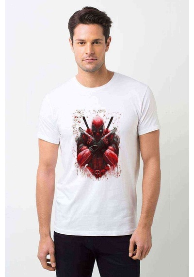 Deadpool Two Guns Baskılı Beyaz Erkek Tshirt