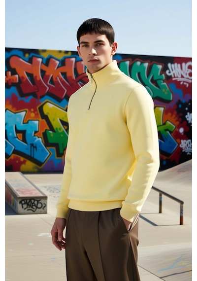 Benerly Erkek Dik Yaka Fermuarlı Standart Kol Regular Kalıp Sweatshirt Fo Açık Sarı