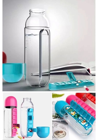 İlaç Saklama Kutusu Matara Suluk 600ml 7 Gün Hap Kutusu Organizer Spor Sızdırmaz Su Şişesi Bardak