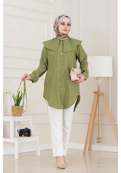Sevitli Beli Bağcık Detaylı Geniş Yaka Tunik-yeşil-4992 Yeşil