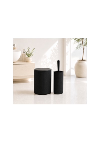 Modern Çizgili Banyo Çöp Kovası 6,25 Litre & Tuvalet Fırçası Seti İkili Set, Dayanıklı Plastik Siyah