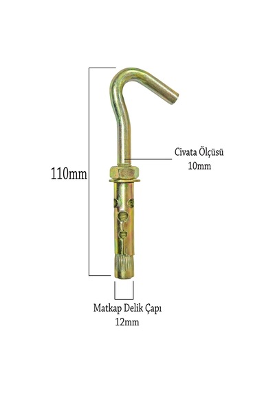 Açık Kancalı Çelik Dübel Salıncak Kum Torbası Beton Dübeli M10x110 12mm -10 Adet