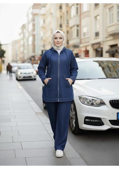 Hb Harma Time Butik Kadın Kapüşonlu Cepli Koyu Kot Mavi Tunik Pantolon Takım Koyu Mavi