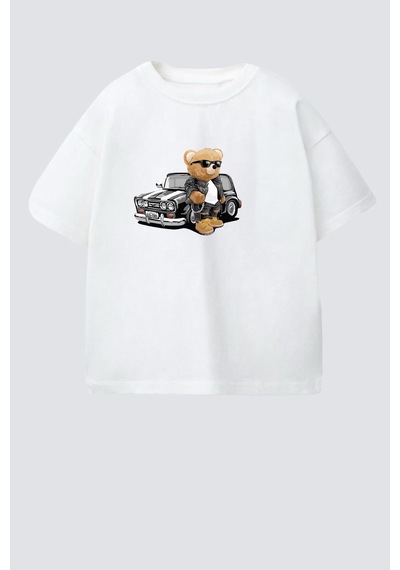 Monila Erkek Çocuk Pamuklu Bisiklet Yaka Araba Ve Ayıcık Baskılı T-shirt Ekru