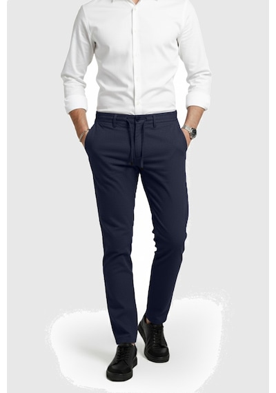 Rizzup Erkek Lacivert Likralı Gofre Kumaş Beli Lastikli İpli Slim Fit Günlük Pantolon 2600650