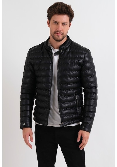 Oliggopol Erkek Siyah Slim Fit İçi Kürklü İç Cepli Şişme Deri Mont Siyah