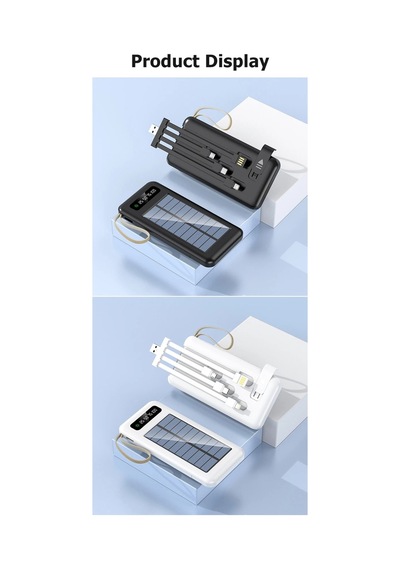 20000 Mah Solar Powerbank Güneş Enerjili Usb Çıkışlı Kablolu Led Işıklı Taşınabilir Şarj siyah