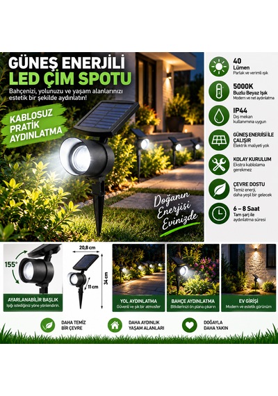 Solar Led Bahçe Spotu 40 Lümen 5000k Beyaz Işık Kazıklı Çim Ve Peyzaj Aydınlatma