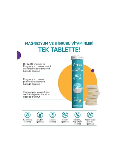 Vitago Mood Magnezyum Vitamin B1 Vitamin B2 ve Vitamin B6 İçeren Takviye Edici Gıda﻿﻿ 20 Efervesan Tablet