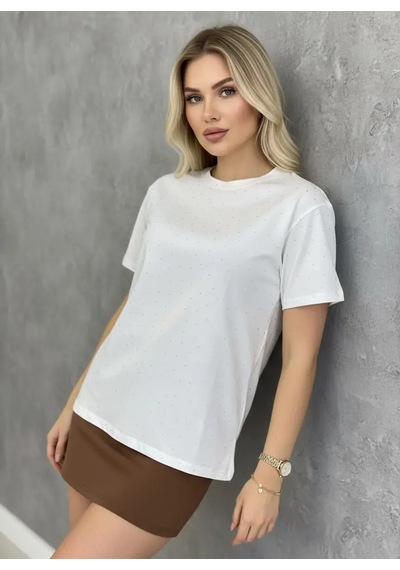 Park Karon 26047 Pamuk Kadın Bisiklet Yaka Taş İşleme Oversize Penye Bluz Ekru