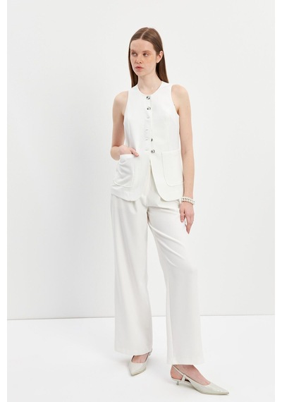 Stella Pulvis Krem Pileli Yüksek Bel Wide Leg Pantolon Krem