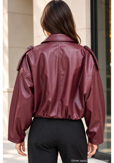 Polo State Kadın Oversize Suni Deri Fermuarlı Kısa Ceket - Bordo