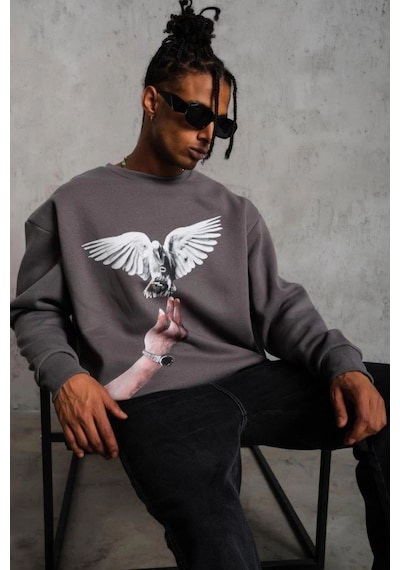 Erkek Güvercin Baskılı 3 İplik Pamuklu Bisiklet Yaka Sweatshirt - Gri