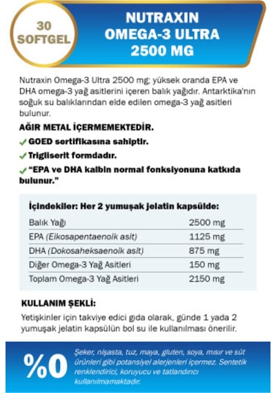 Nutraxin Vitals Omega-3 Ultra 2500 Mg 30 Softgel 2 Adet