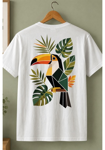 Spoyi Tropik Tukan Tasarımlı %100 Pamuk Yarım Oversize Beyaz T-shirt