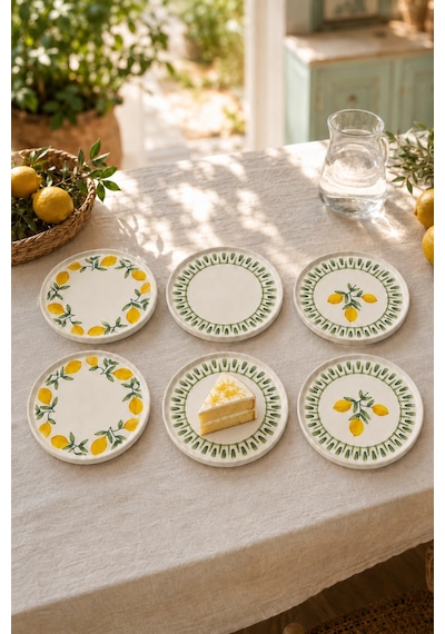 Yeşil Limon 6 Lı Seramik Pasta Ve Servis Tabağı Seti 20 Cm Limon Desenli Akdeniz Sofra Takımı Beyaz