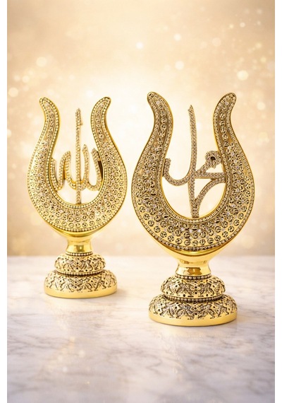 Taş İşlemeli Gold Biblo Allah & Muhammed S.a.v Lale Figürlü Taşlı Masa Üstü Biblo 2 Li Set 22 Cm Sarı