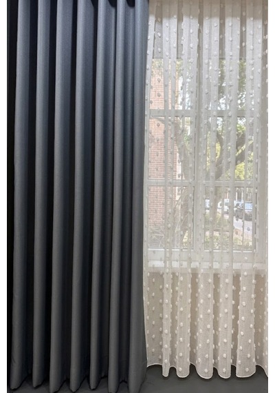 1-2 Seyrek Pile Keten Ponpon Tül Perde, Kırık Beyaz Etekleri Kurşunlu Ütü İstemeyen Tül Perde