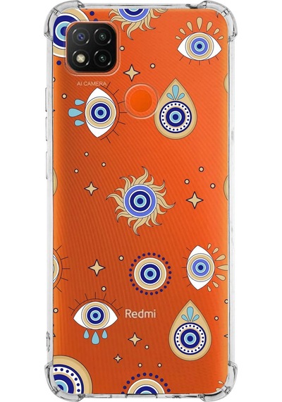 Prinrify Xiaomi Redmi 9c Uyumlu Nazar Boncuğu 5 Baskılı Şeffaf Köşe Korumalı Antişok Kılıf