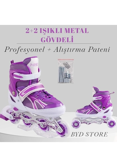 2 2 Işıklı Metal Gövdeli Profesyonel Ve Alıştırma Çocuk Pateni Mor