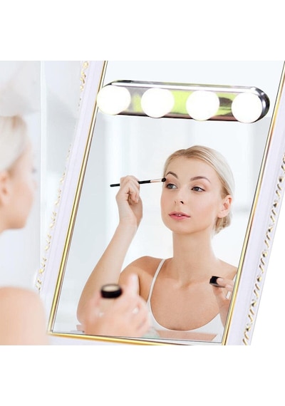 Taşınabilir Güçlü Vantuzlu & Duvar Sabitlemeli Pilli Makyaj Lambası 4 Ampüllü Led Makeup Işığı Gri