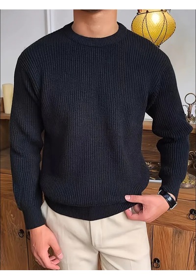 Erkek Siyah Regular Fit Bisiklet Yaka Örgülü Triko Siyah
