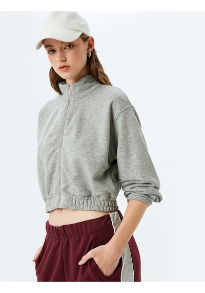 Koton Rahat Kalıp Dik Yaka Crop Fermuarlı Sweatshirt Gri 5sak10051ek Gri
