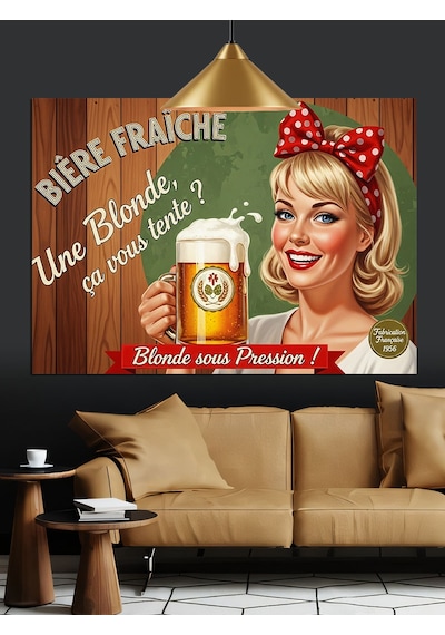 Bira Reklamı Retro Pin-up Dekoratif Kanvas - Mdf Ahşap Tablo