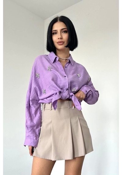 Defymoda Lila Kristal Taşlı Gömlek Lila