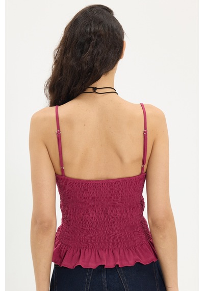 Tudors Kadın Slim Fit Dar Kesim %100 Pamuk Askılı Büzgülü V Yaka Fuşya Bluz-50368 FUŞYA