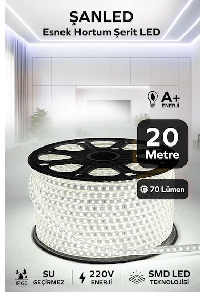 Hortum Esnek 220v Şerit Led Beyaz 20 Metre 20 Metre
