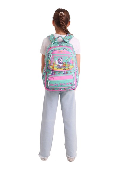Kaukko Kids Kız Çocuk Bisikletli Kedi Baskılı Cat Bike Altı Bölmeli İlkokul Sırt Çantası - L5328 Çok Renkli