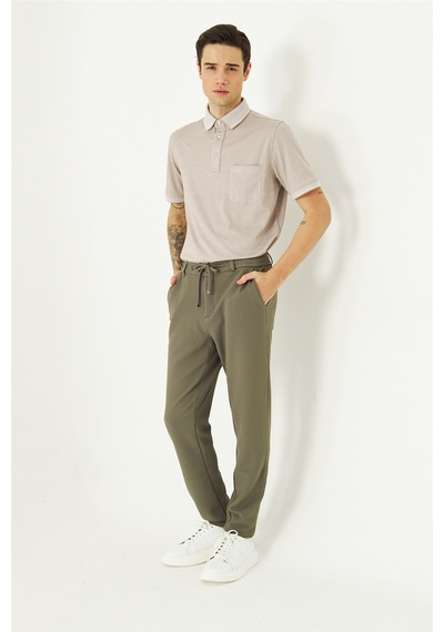 Haki Modern Kesim Bağcıklı Smart Casual Jogger Pantolon Haki