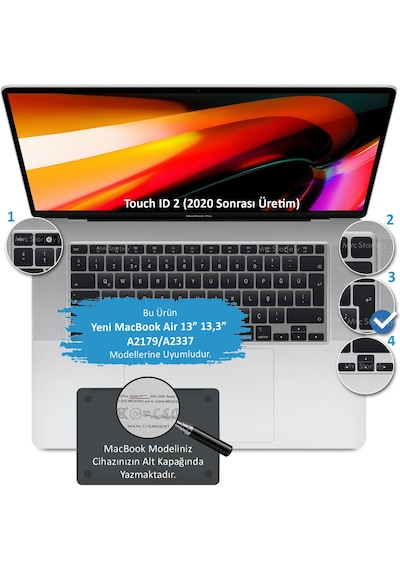 Laptop Apple Uyumlu MacBook Air 13Inc Klavye Koruyucu A2179 A2337 Türkçe Baskı Siyah