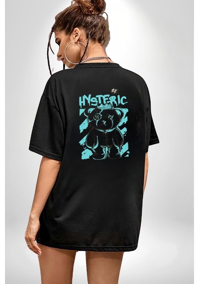 Histerik Siyah Oversize Unisex Ön Ve Sırt Baskılı Tişört Siyah