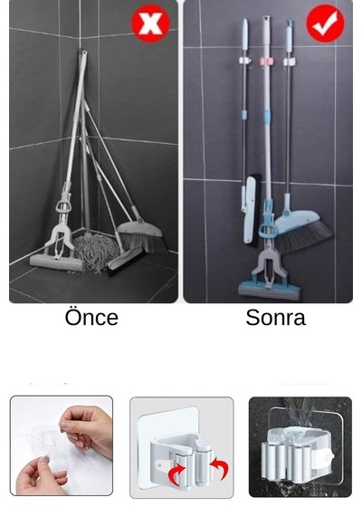 4 Adet Yapışkanlı Pratik Mop & Temizlik Fırçası Tutucu Duvar Monteli Süpürge & Mop Askısı Çok Renk Diğer