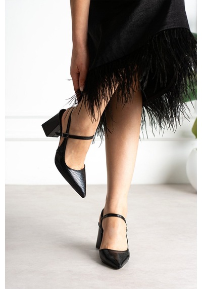 Dabab Shoes Tamara Kadın Siyah Yılan Desenli Sivri Burun Bilekten Bantlı 7 Cm Kalın Topuklu Slingback Ayakkabı