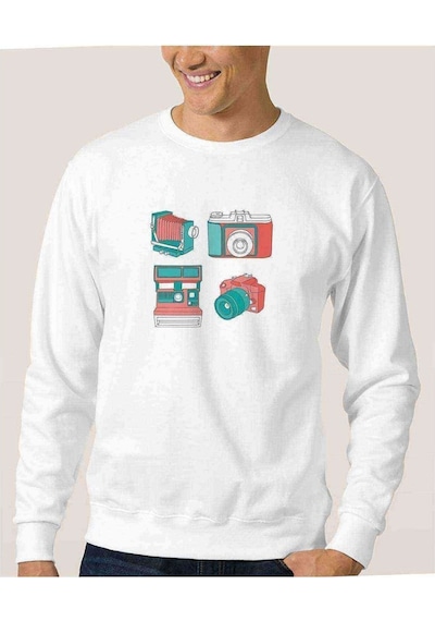 Nostalji Kamera Fotoğraf Makinesi Baskılı Beyaz Erkek Sweatshirt