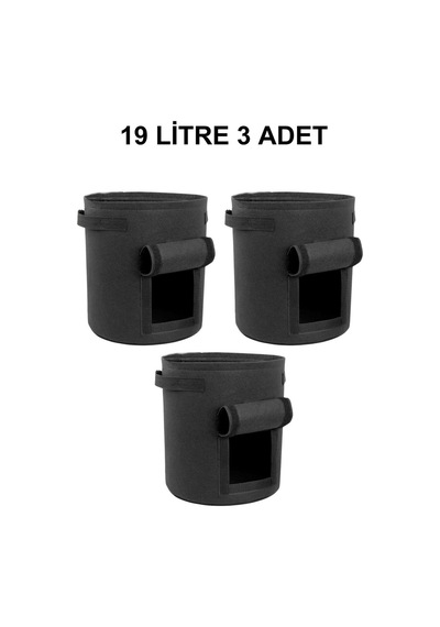 Grow Wizard Pencereli Kumaş Saksı Pot 19 Litre 3 Adet Siyah