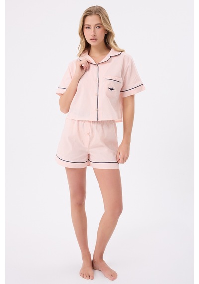 Lespadon Marısılk Seastrıpe Kadın Yazlık Şortlu Crop Gömlekli Pijama & Lounge Takımı-3173 Pembe
