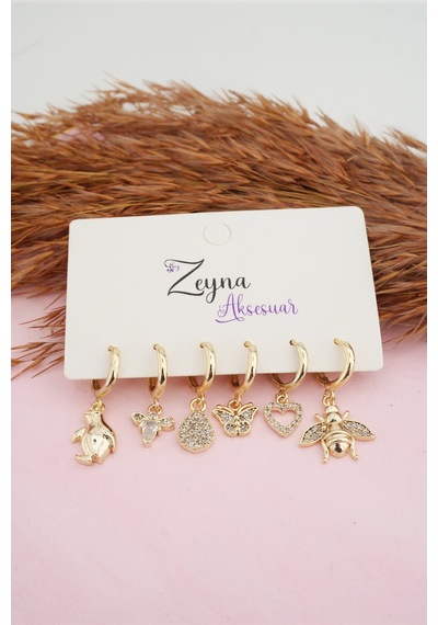 Kadın Karışık Figürlü Zirkon 6'lı Set Küpe-2374 Altın