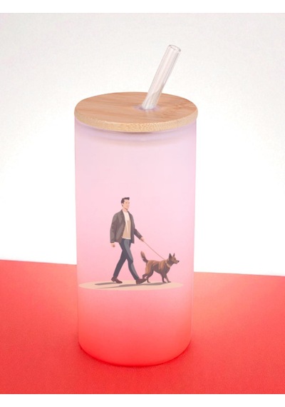 Köpek Ve Adam Baskılı 600 Ml Cam Matara- Su Matarası, Suluk Matara, Cam Pipetli Matara Kırmızı