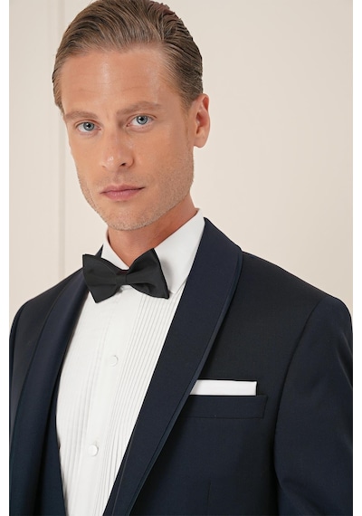 Efor Black 078 Slim Fit Çıkarılabilir Saten Yaka Cerutti Kumaş Yelekli Lacivert Damatlık Smokin Takım Lacivert