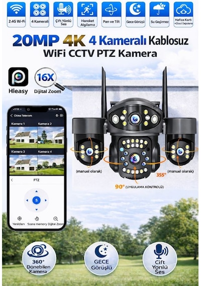 Rx75w Wifi 4 Kameralı Güvenlik Kamerası 20mp Ultra Hd Ptz Hareketli Sesli Gece Görüşlü Akıllı Kamera