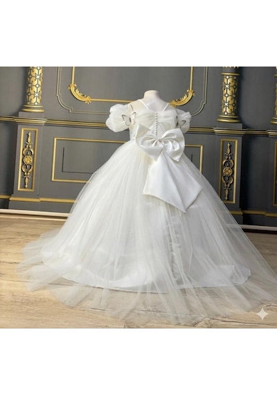 Star Kids Fashion Kız Çocuk Beyaz Kelebek Detaylı Prenses Elbise ,kız Çocuk Abiye Elbise