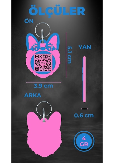 Petjoo 15.T.Teg Pembe-Mavi Qr'lı Köpek Künyesi